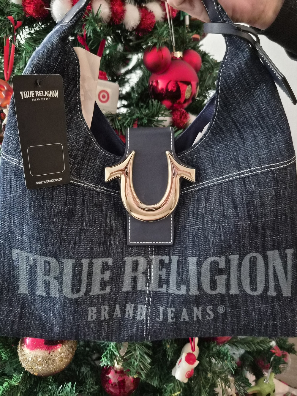 True Religion Dark Blue Denim Shoulder Bag with Gold-Tone Horseshoe
